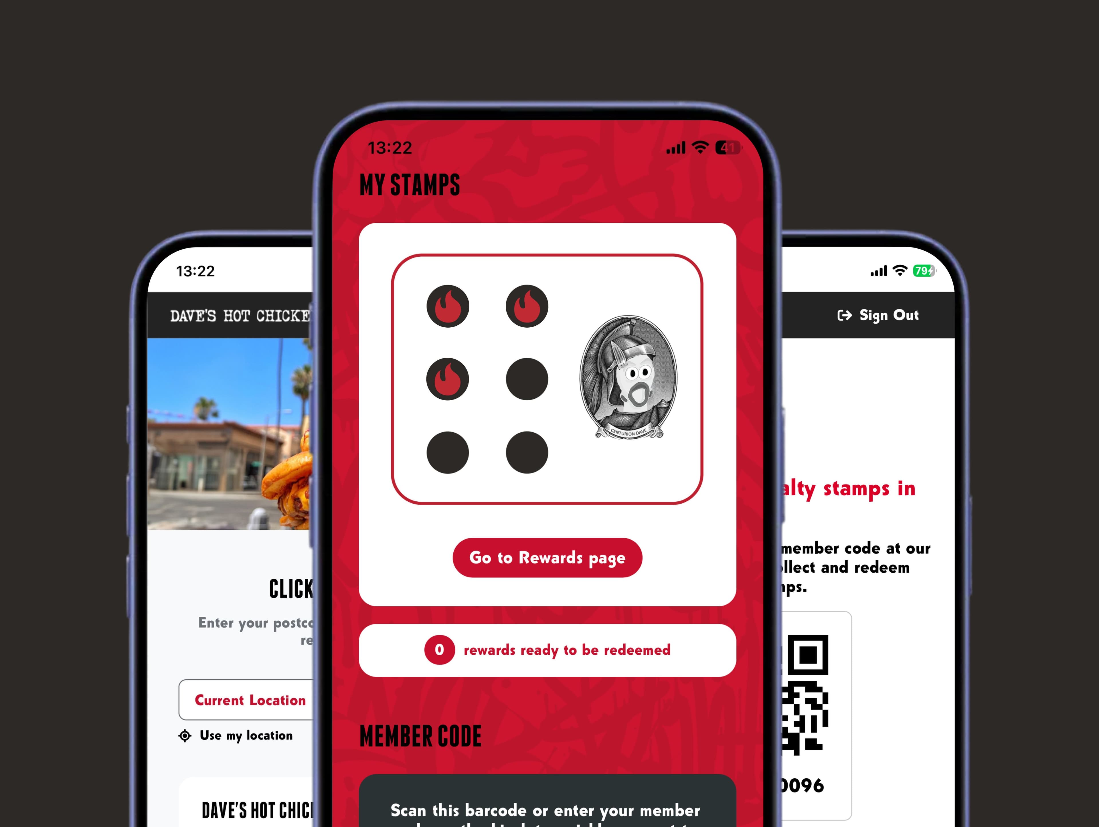 Mobile phone screens displaying the rewards page on the Dave's Hot Chicken App